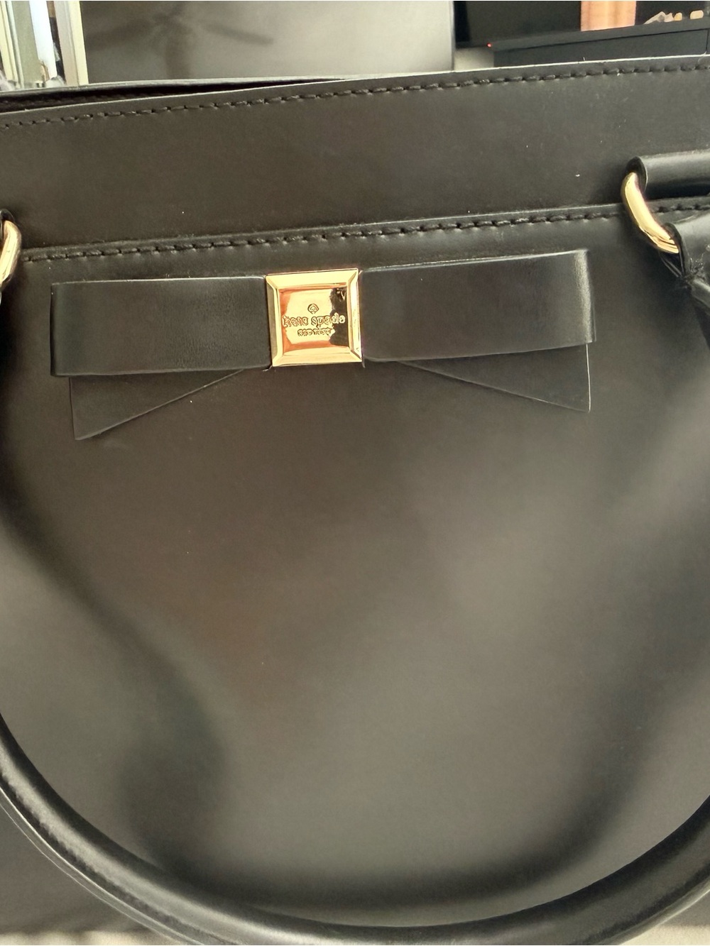 kate spade Black Leather Satchel with Bow and Gold Plaque